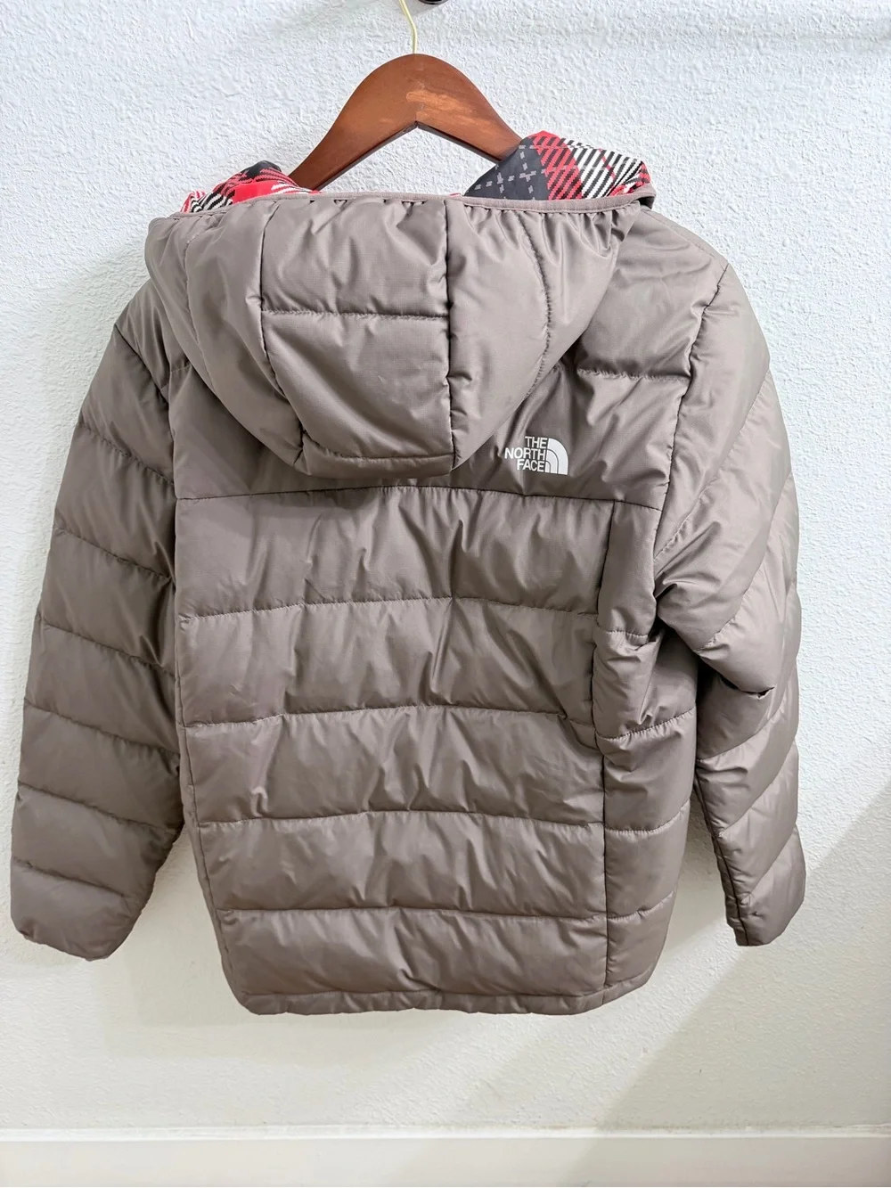 The North Face Men's Taupe Puffer Jacket with Red Plaid Hood Lining